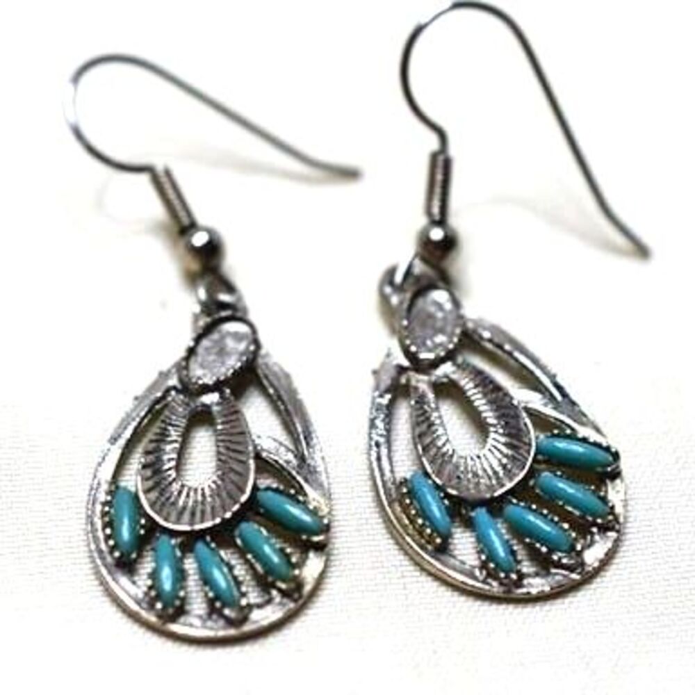 Vintage Southwestern Teardrop Turquiose Silver Tone Tribal Hook Earrings